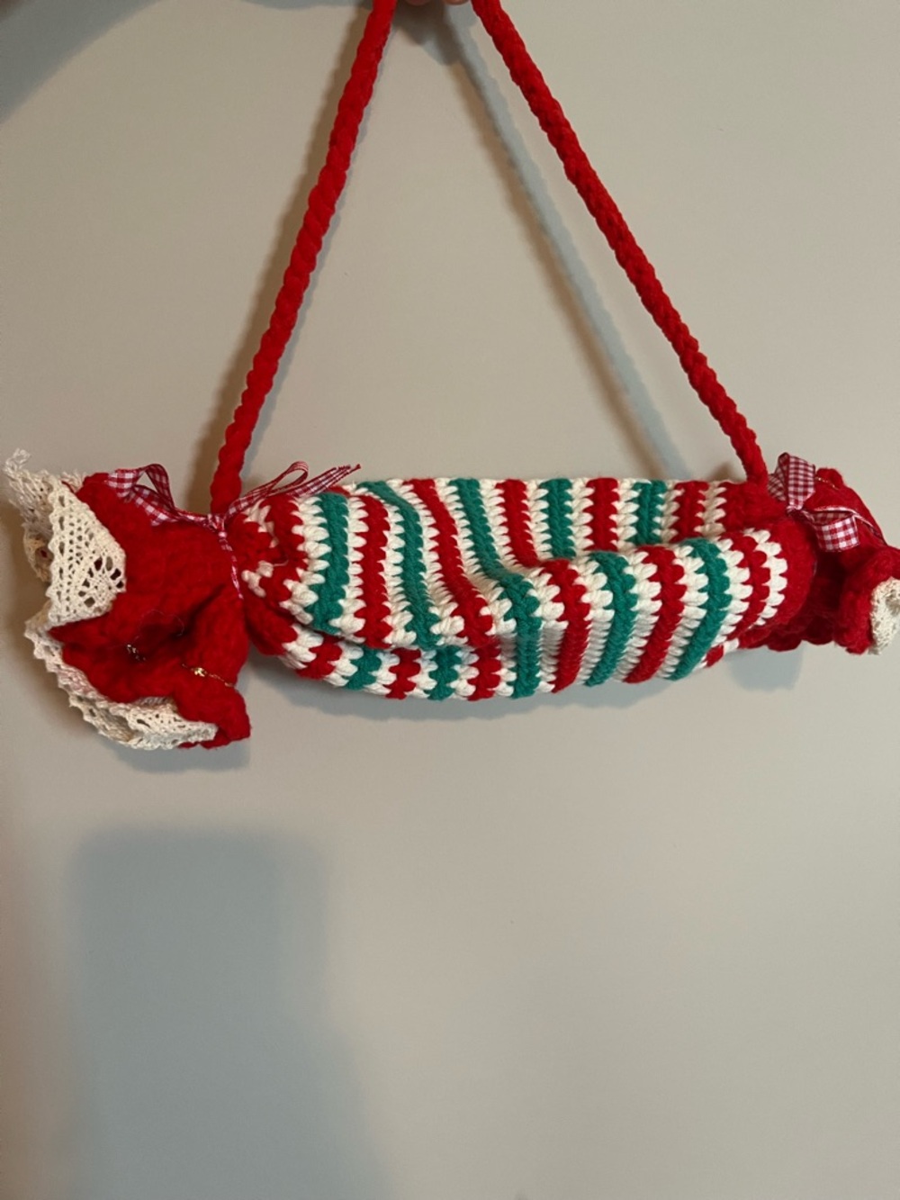 Handmade Crocheted Holiday Hanging Holder in Red, White & Green